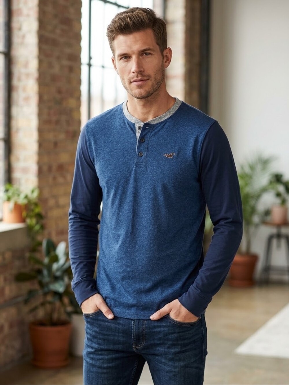 Hollister Men's Casual Two-Tone Navy Henley Long-Sleeve Shirt